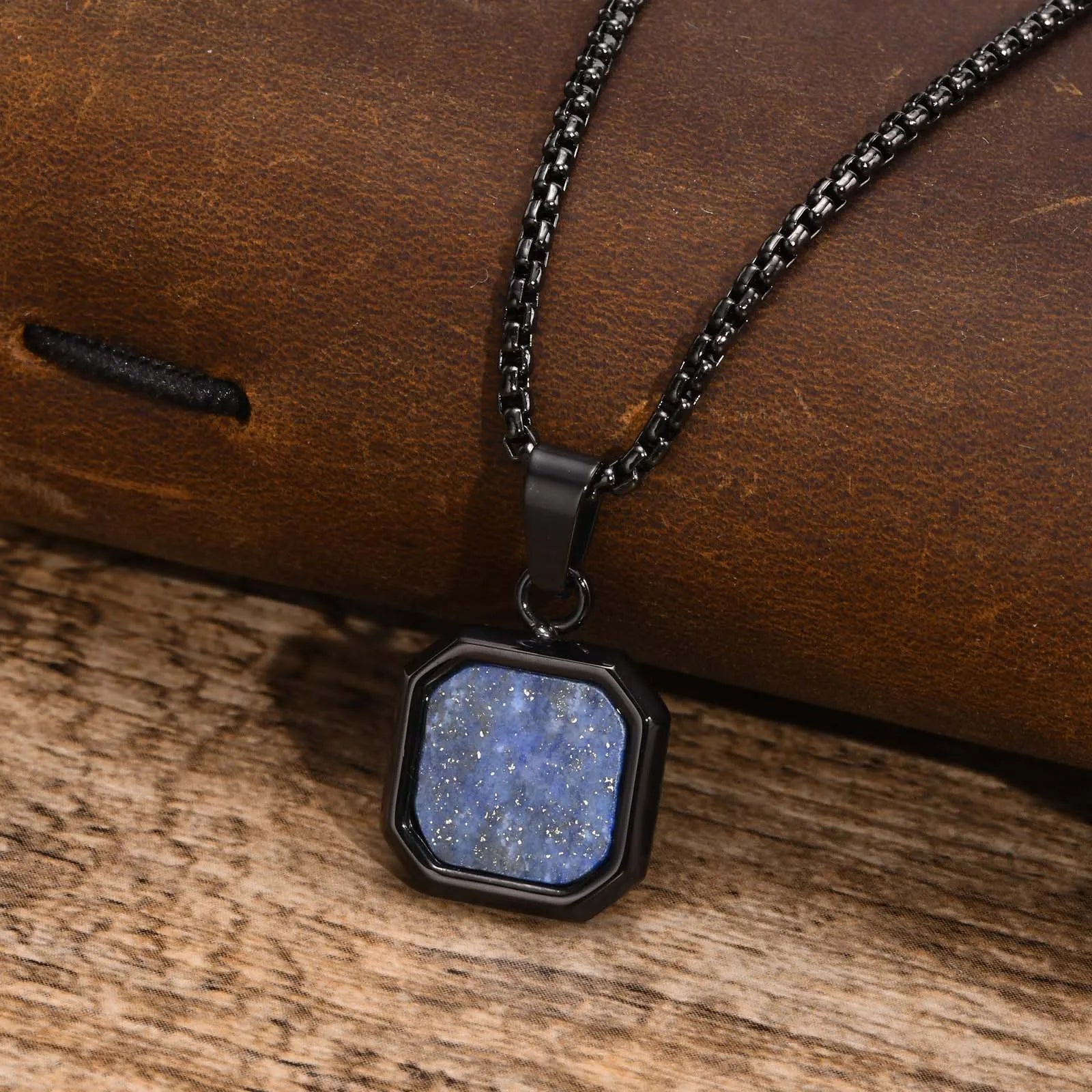 Elegante Collar cuadrado de Color dorado para hombre con Colgante de Piedra de lapislázuli, Collar geométrico de acero inoxidable impermeable para hombre exclusivo de timesup