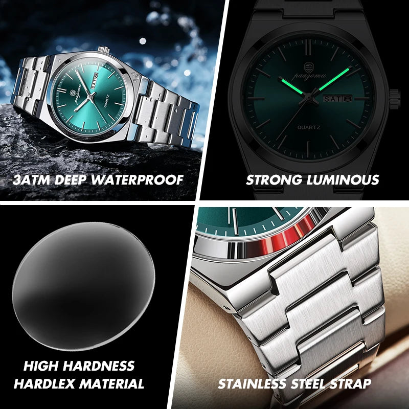 PAAZOMU, reloj de cuarzo a la moda para hombre, reloj luminoso resistente al agua de acero inoxidable para hombre, cronógrafo con fecha, relojes multifunción para hombre