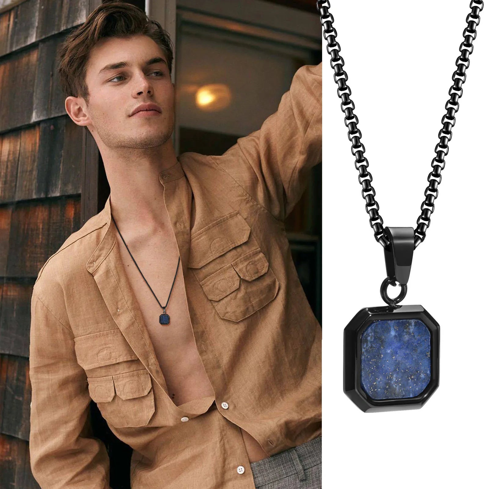 Elegante Collar cuadrado de Color dorado para hombre con Colgante de Piedra de lapislázuli, Collar geométrico de acero inoxidable impermeable para hombre exclusivo de timesup