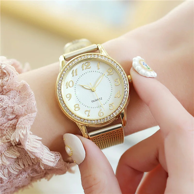 Reloj luminoso de plata y oro para mujer, relojes de cuarzo, reloj brillante Simple, regalos para mujer y niña
