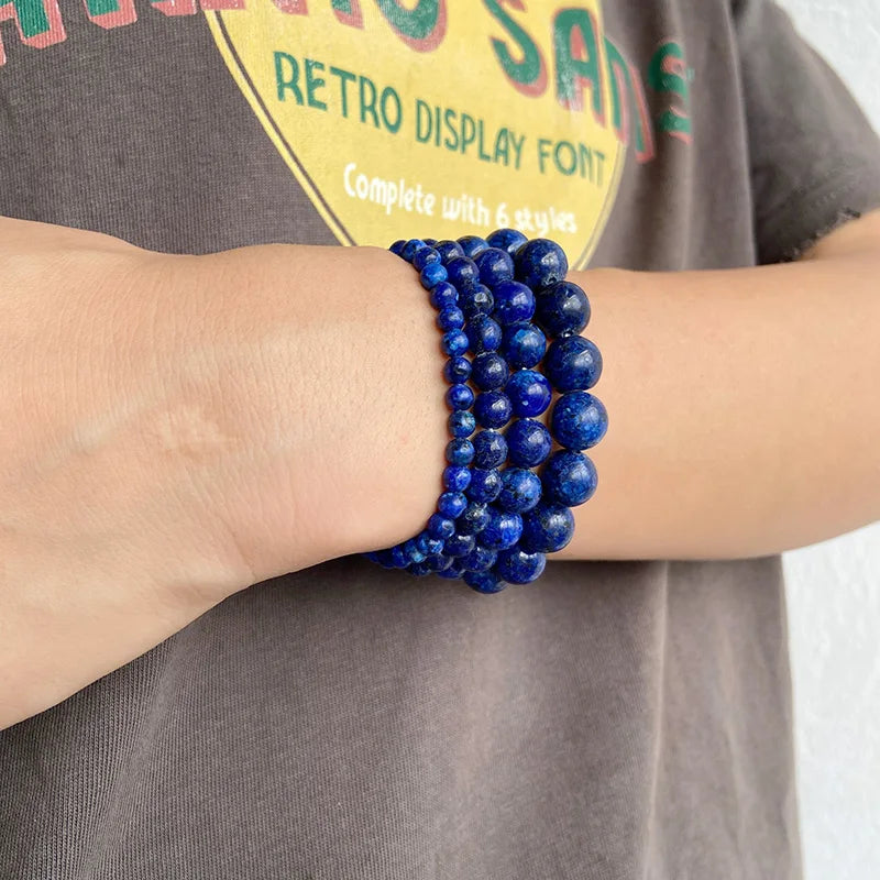Pulsera de cuentas de lapislázuli azul Simple 4/6/8/10MM piedra de lapislázuli gema brazalete elástico fiesta amistad joyería regalo para pareja