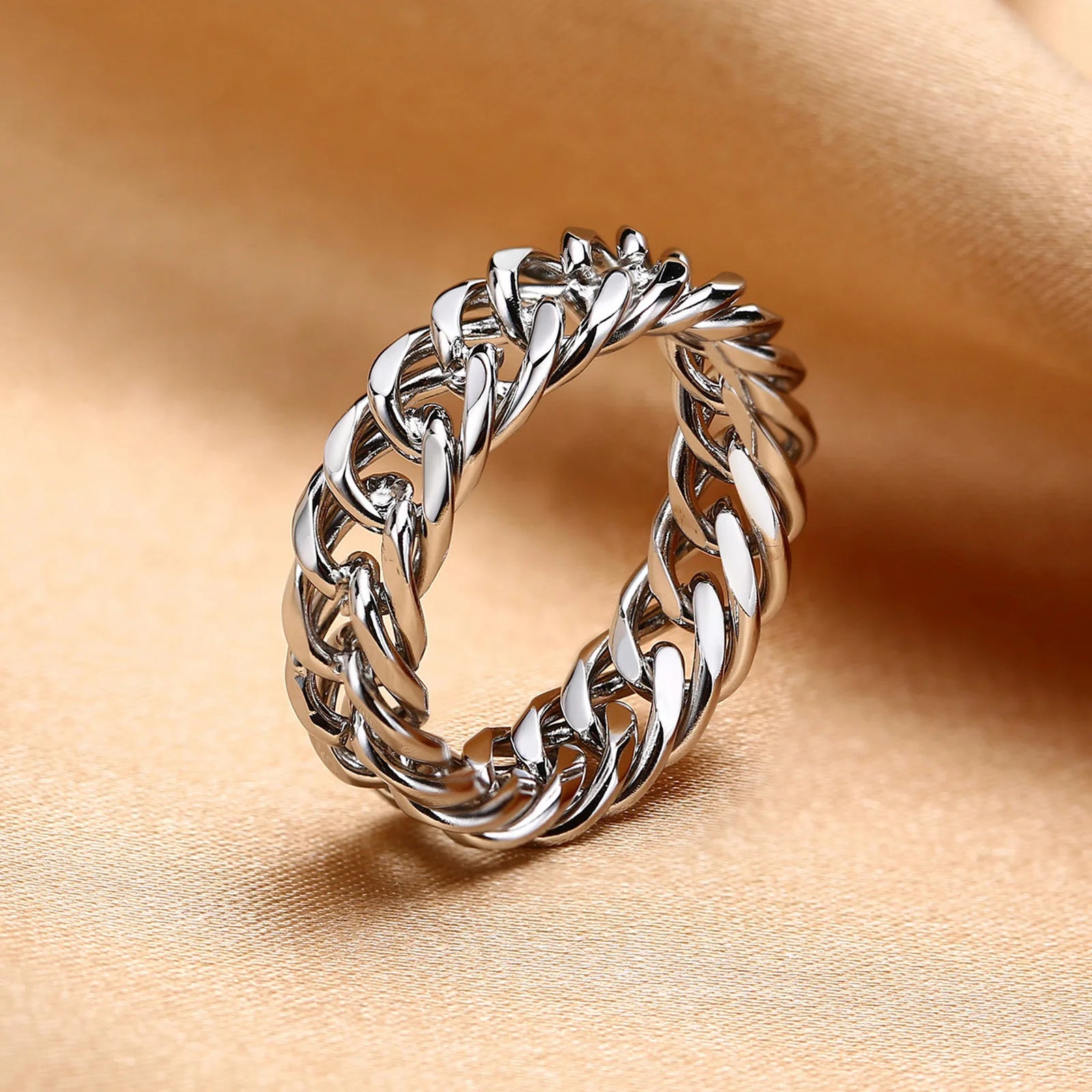 DARHSEN Unisex hombres mujeres anillo llamativo de acero inoxidable diseño de eslabones de cadena Color plata joyería de moda tamaño 6 7 8 9 10 11 12