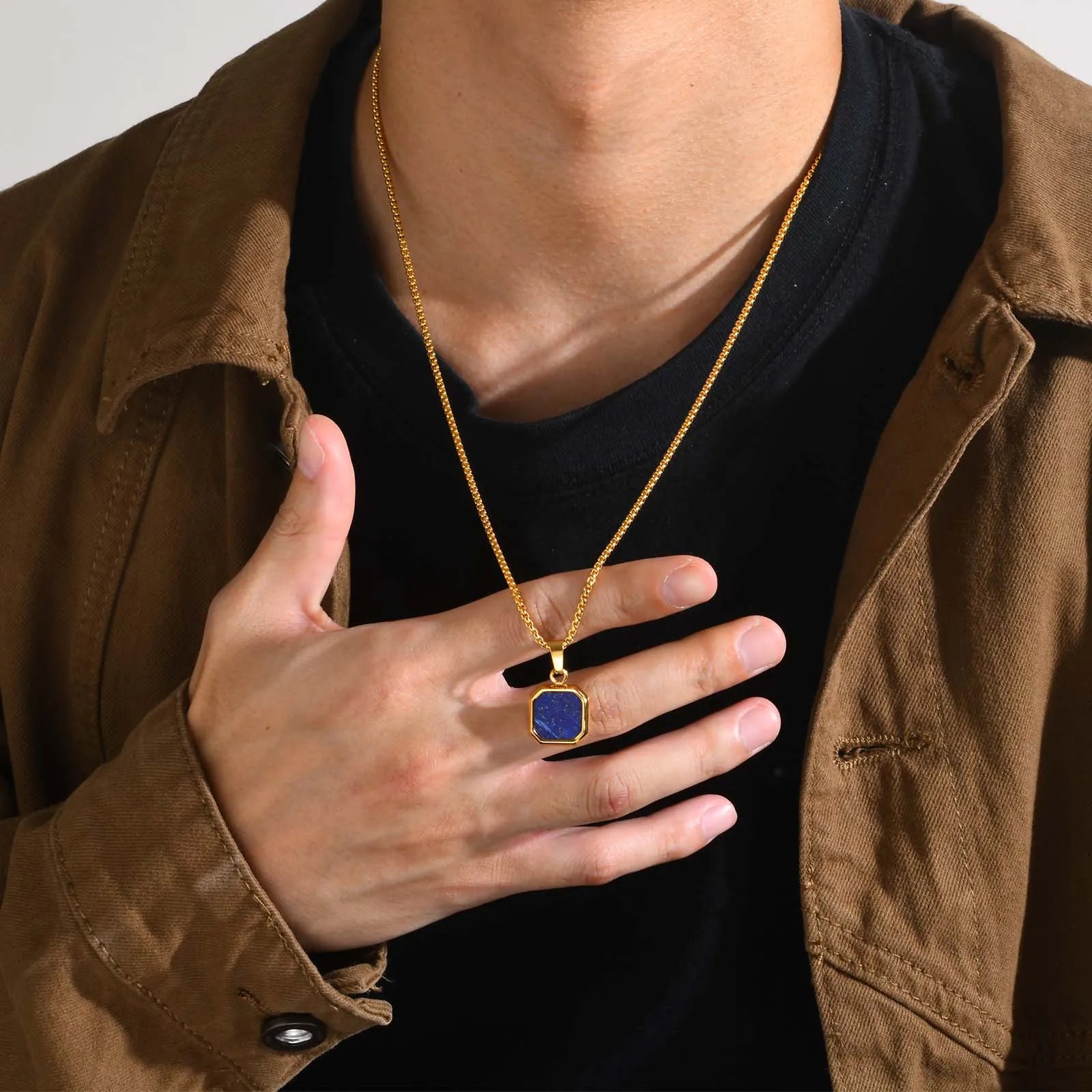 Elegante Collar cuadrado de Color dorado para hombre con Colgante de Piedra de lapislázuli, Collar geométrico de acero inoxidable impermeable para hombre exclusivo de timesup