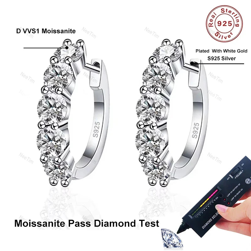 NeeTim-pendientes de moissanita de Color D de 3mm, Plata de Ley 925 chapada en oro blanco, pendiente de aro para mujer, joyería fina para fiesta de boda