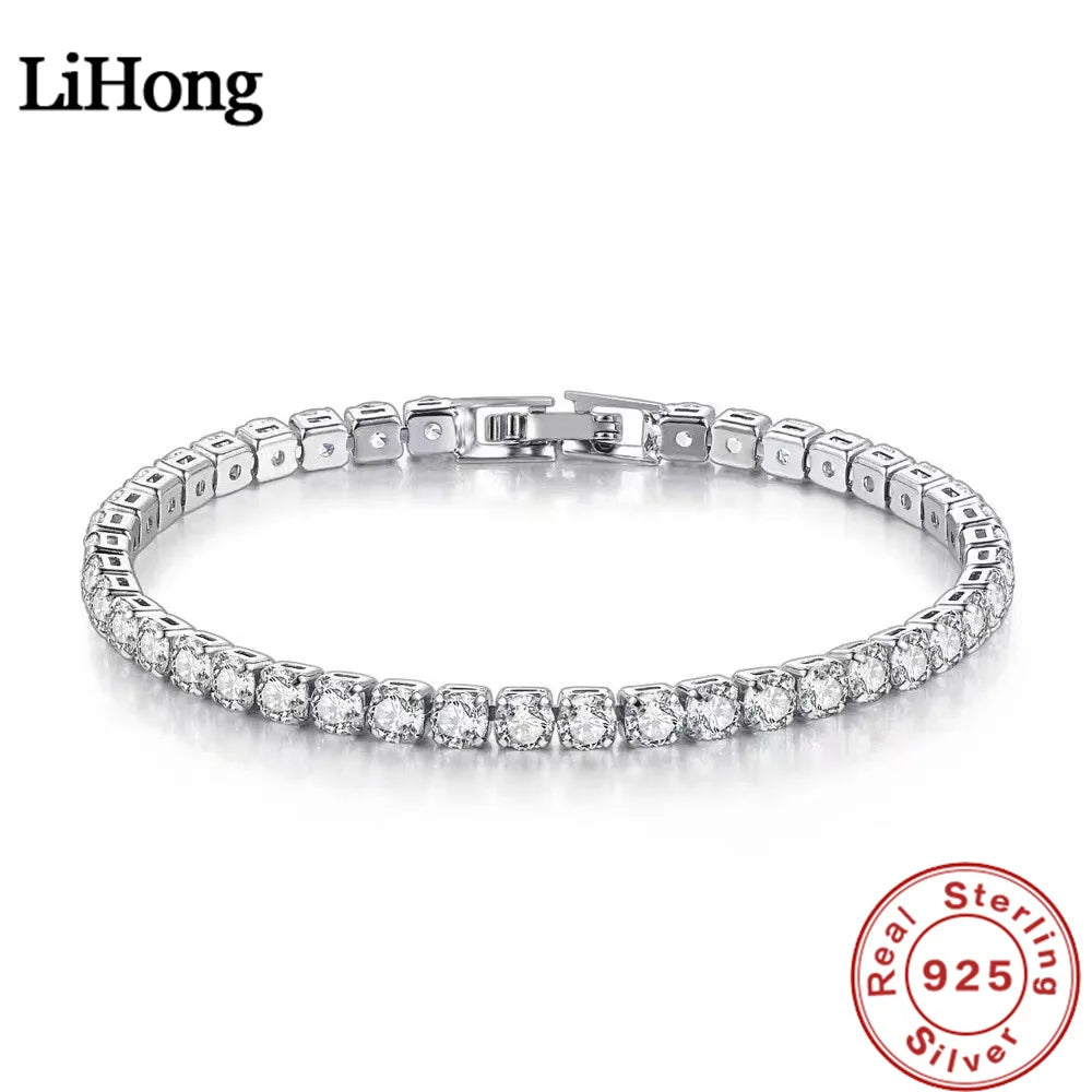 Lihong-pulsera de plata de ley S925 para mujer, brazalete de Circonia cúbica, bola de tenis, joyería sencilla de compromiso, abalorio de boda, 4mm, 16-20cm