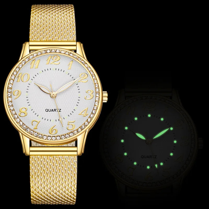 Reloj luminoso de plata y oro para mujer, relojes de cuarzo, reloj brillante Simple, regalos para mujer y niña