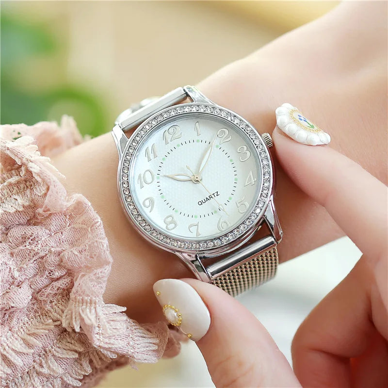 Reloj luminoso de plata y oro para mujer, relojes de cuarzo, reloj brillante Simple, regalos para mujer y niña